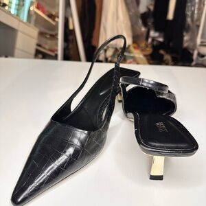 Zara Black Croc-Embossed Slingback Kitten Heels